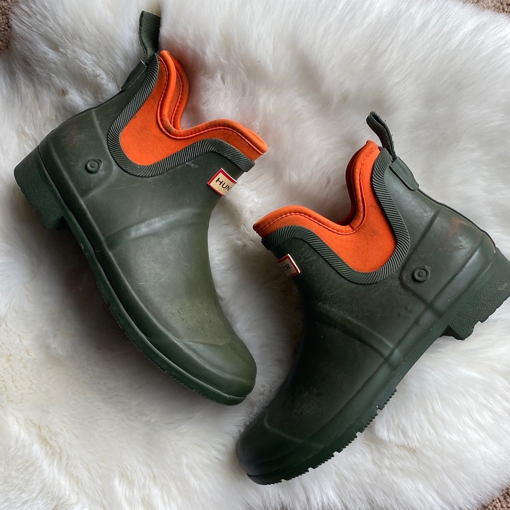 Hunter Women’s Olive and Orange Rain Boots